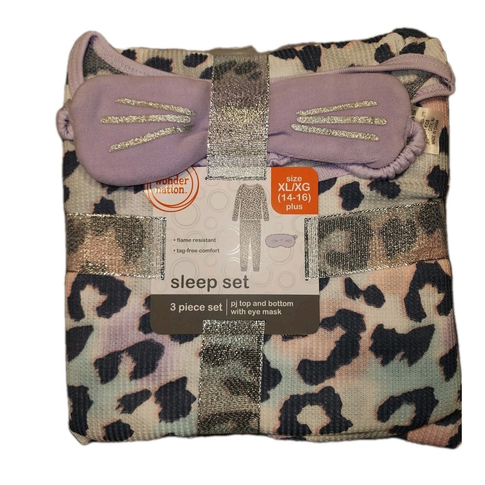 Wonder Nation Girls Leopard Print Purple Pajamas With Mask 14-16 XL 3 Piece Set